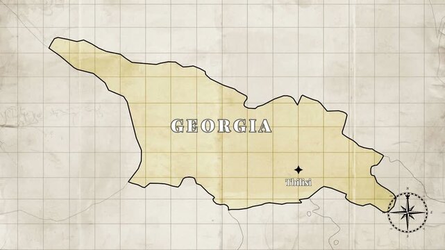 Vintage Style Animated Georgia Map with Country Borders and Capital Tbilisi on Old Paper Background

