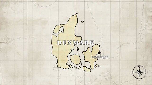 Vintage Style Animated Denmark Map with Country Borders and Capital Copenhagen on Old Paper Background

