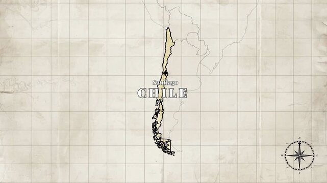 Vintage Style Animated Chile Map with Country Borders and Capital Santiago on Old Paper Background


