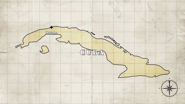 Animated Cuba Map with Borders and Capital on Old Paper Background &ndash; Vintage Geography Style