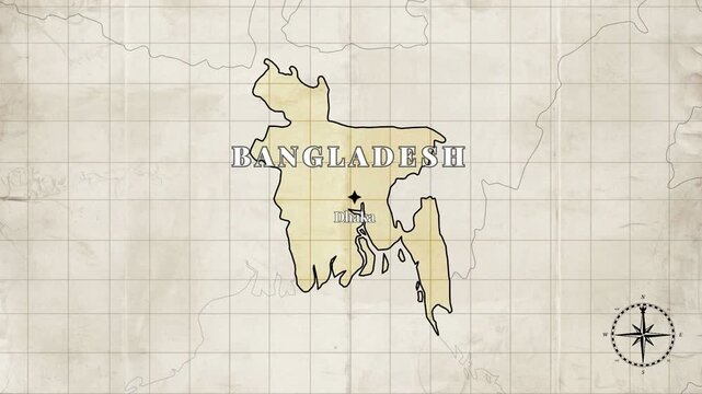 Vintage Style Animated Bangladesh Map with Country Borders and Capital Dhaka on Old Paper Background

