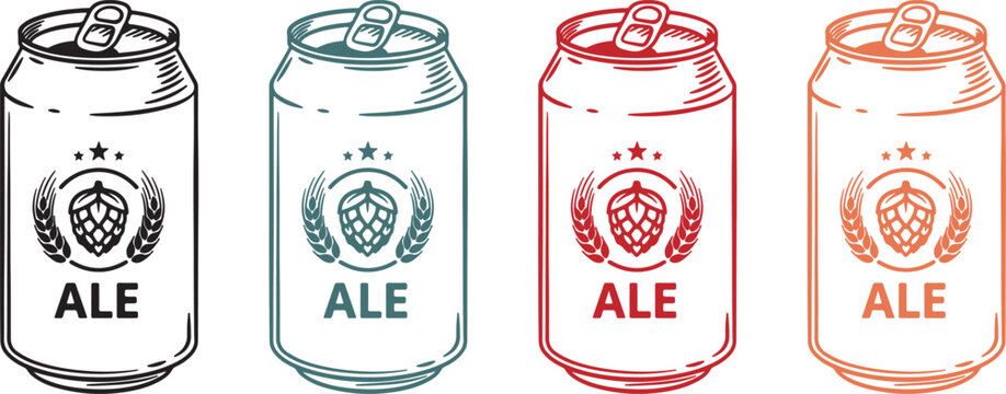 Colorful handmade ale can icons with hop cone and star motif, vector illustration on transparent background for branding and packaging design