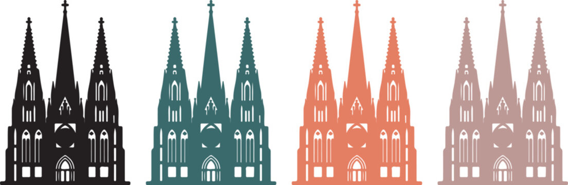 Colorful Gothic cathedral silhouette icons with twin spires, handmade vector illustration on transparent background for design and branding use