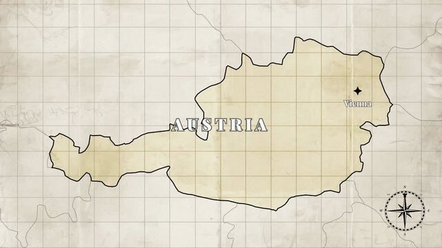 Vintage Style Animated Austria Map with Country Borders and Capital Vienna on Old Paper Background
