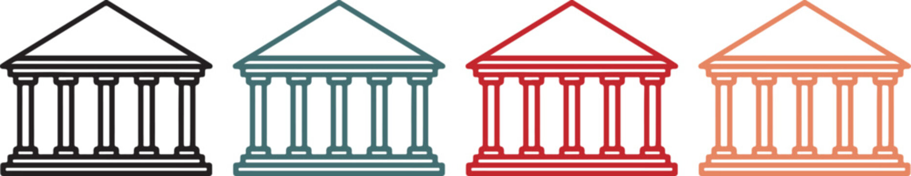 Colorful classical temple icons with triangular pediments and four columns, handmade vector illustration on transparent background for design use