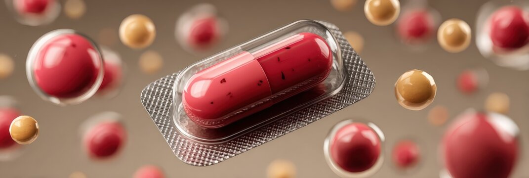 Red Pills in a Glass Bottle with Red Beads Background