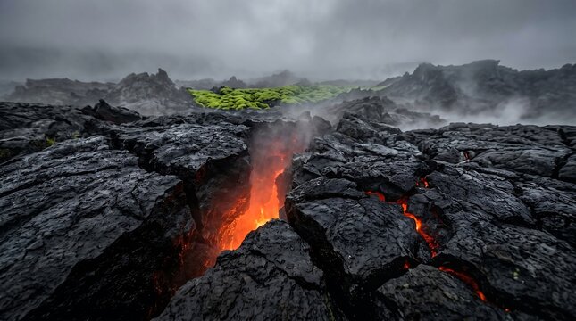 Volcanic lava field with glowing magma fissure, dark basalt rock formations under moody sky, dramatic volcanic landscape with steam and green moss