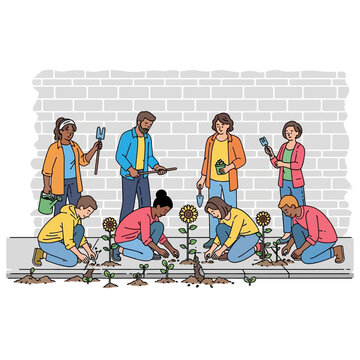 Diverse people planting sunflowers in urban guerrilla gardening project