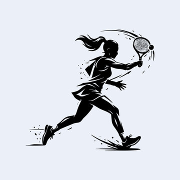 Black and white silhouette of a female tennis player in motion, active woman hitting a tennis ball with a racket, dynamic sports illustration.