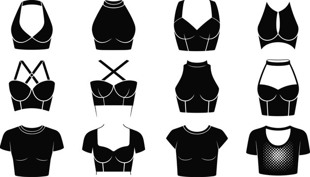 Women crop top silhouettes set, fashion clothing bralette bustier and t shirt styles, black vector illustration collection