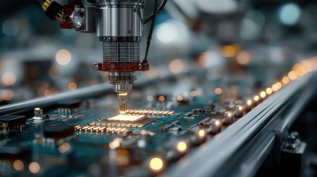Precision machinery works on a circuit board in a factory during a production process for electronic components