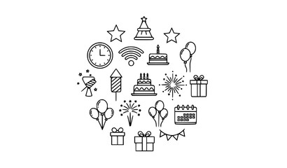 Naklejka premium Celebration and Birthday Outline Icons Cake Gift Balloons Fireworks Vector Set