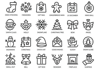 Naklejka premium Christmas line icon set. Editable Stroke. Xmas, gift, santa, christmas tree, snowflake, angel, santa nat - stock vector.