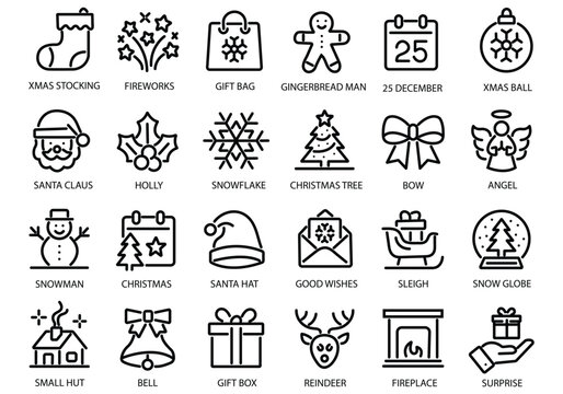 Christmas line icon set. Editable Stroke. Xmas, gift, santa, christmas tree, snowflake, angel, santa nat - stock vector.