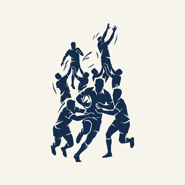 Silhouette illustration of a rugby team in action, players tackling and competing for a ball in a lineout formation, dynamic athletic sport concept.