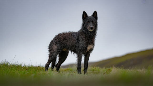 Mudi Dog Low Angle Hillside Wildlife Telephoto Shot Natural Frame Copy Space