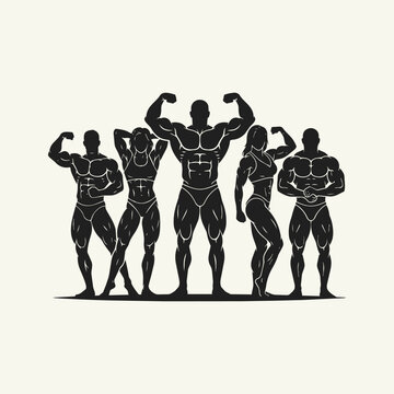 Silhouette of a diverse group of muscular athletes posing in bodybuilding stances, fitness competitors displaying strength and physique on a plain background.
