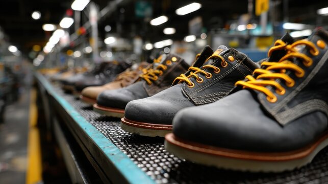 Workers produce shoes in a factory during daytime with multiple pairs lined up on a conveyor belt