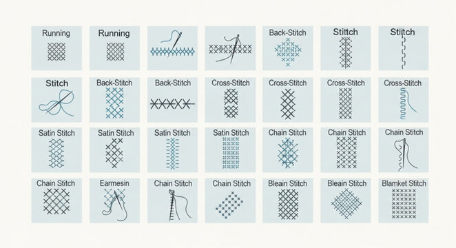 Collection of various sewing stitches demonstrated on fabric squares.