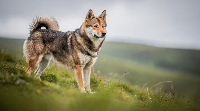 Norwegian Buhund Low Angle Hillside Wildlife Telephoto Shot Natural Frame Copy Space