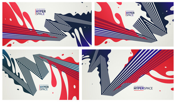 Dynamic vector abstract background set, lines in perspective with energy blast of a lava fluid in 3D space, splash in motion, modern creative art wallpaper.