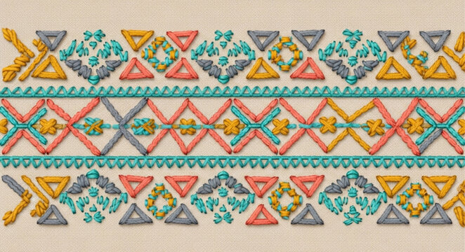 Colorful geometric tribal pattern embroidery detail.