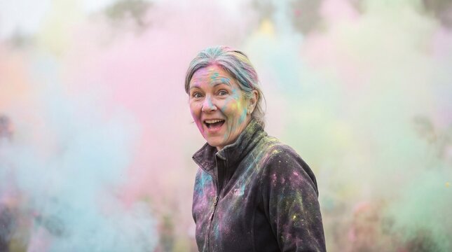 A woman immersed in a cloud of colorful powder smiles with joy and energy. capturing the essence of a vibrant celebration.