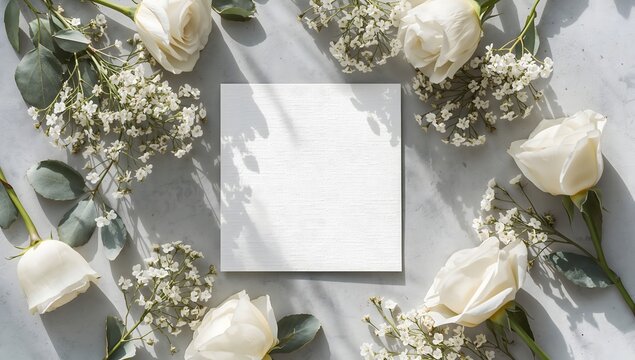 Top view of white roses and blank square card on gray background