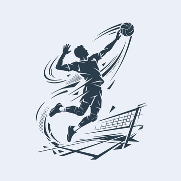 Silhouette of a volleyball player jumping to spike the ball over a net, dynamic action illustration with motion lines and abstract graphic elements.