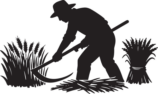 Silhouette of a man harvesting wheat with a sickle
