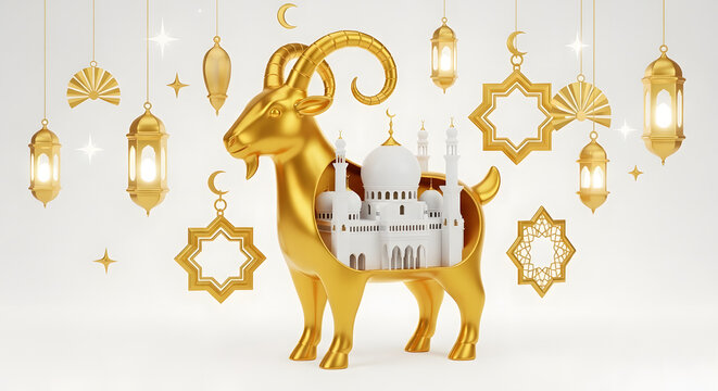 Golden Eid al-Adha Sacrificial Goat with Mosque and Lanterns