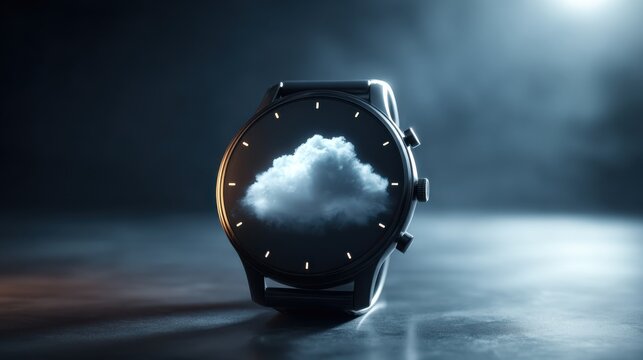 A modern smartwatch displays a weather forecast, showcasing a cloudy sky in a dark, atmospheric setting
