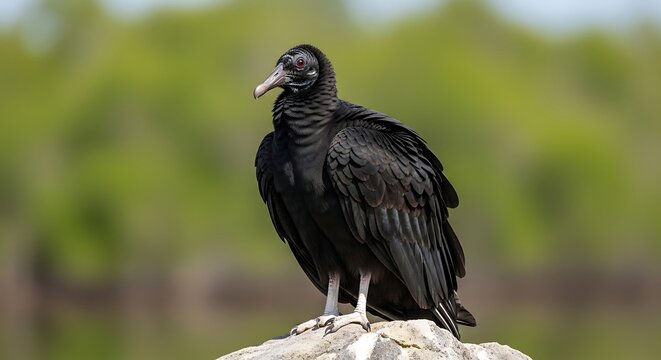 Black vulture perched on rock against blurred green background