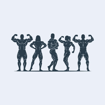 Textured silhouettes of male and female bodybuilders posing, demonstrating strong physiques and fitness