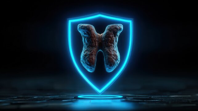 Digital shield with a thyroid gland. thyroid gland, world thyroid day concept. Thyroid disorder includes goiter, hyperthyroid, hypothyroid, tumor or cancer.