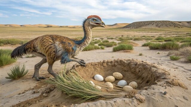 Scientific paleoart: A feathered Oviraptor tends to its egg-filled nest in a Late Cretaceous Mongolian floodplain.
