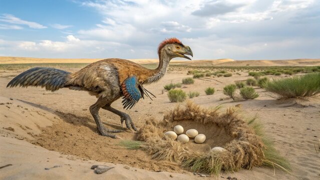 Scientific paleoart: A feathered Oviraptor tends to its egg-filled nest in a Late Cretaceous Mongolian floodplain.