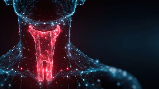 thyroid gland in a human neck, with visible surrounding anatomy. Thyroid disorder includes goiter, hyperthyroid, hypothyroid, tumor or cancer. Virus infected thyroid gland