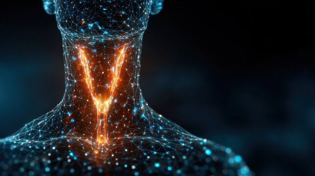 thyroid gland in a human neck, with visible surrounding anatomy. Thyroid disorder includes goiter, hyperthyroid, hypothyroid, tumor or cancer. Virus infected thyroid gland