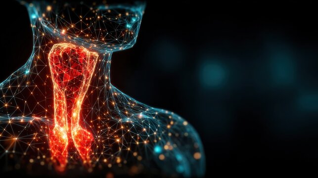 thyroid gland in a human neck, with visible surrounding anatomy. Thyroid disorder includes goiter, hyperthyroid, hypothyroid, tumor or cancer. Virus infected thyroid gland