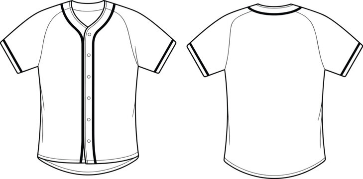 Technical fashion sketch of a blank baseball jersey template with front and back views isolated on white background