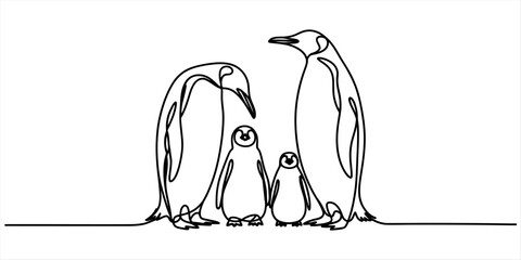 Minimalist continuous line art illustration featuring a penguin family standing together in unity Vector, illustration © Kanu Art_Gallery