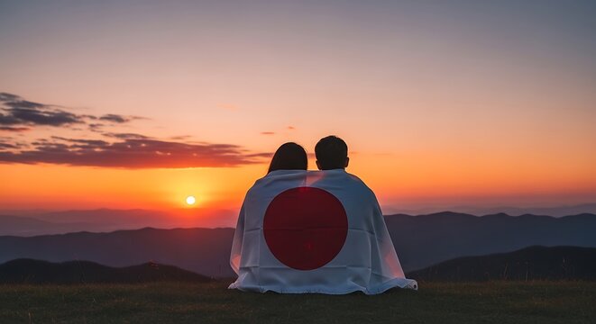 Couple wrapped in Japanese flag watching a beautiful sunset over mountains, representing national pride and love