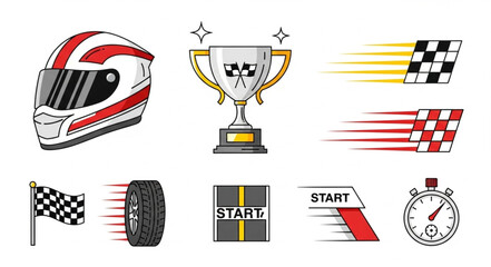 Racing elements including helmet trophy flag tire and stopwatch. © anggi