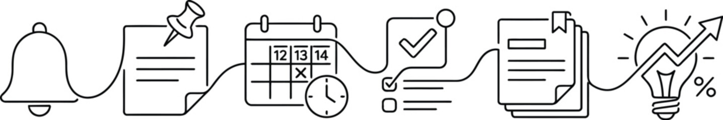 A black and white illustration of various business and productivity icons connected by a line. AI, eps, png, jpg. transparent background. © fahim