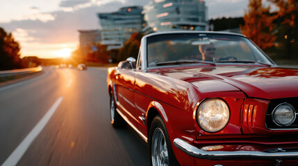 Fototapeta premium Classic red car cruising on sunlit roadside at sunset