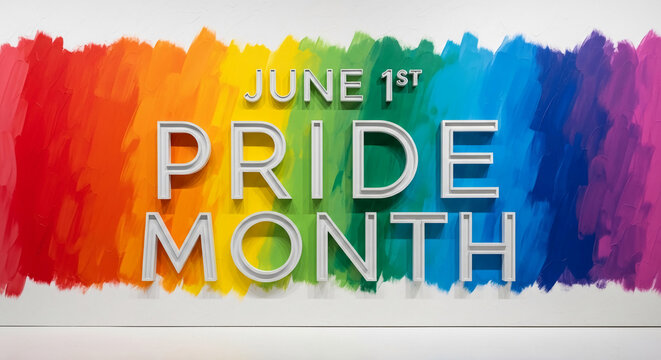 Bright rainbow strokes backdrop with white letters spelling "June 1st Pride Month", representing celebration, diversity and awareness campaign