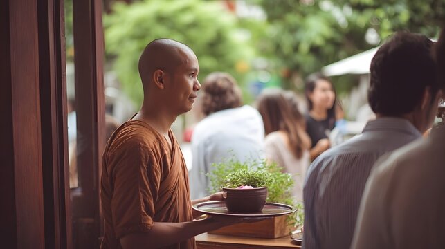 A peacefully robed figure makes an offering to people gathered in a sunlit outdoor setting