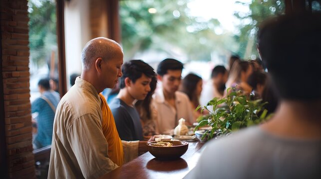 A diverse group gathered at a wooden table in a sunlit cafe participating in a peaceful and meaningful conversation