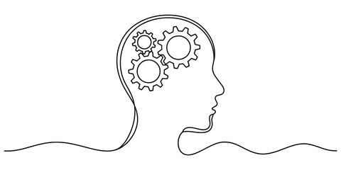 Continuous line drawing of a human profile with gears inside the head symbolizing thought. Vector, illustration © Jagonnath